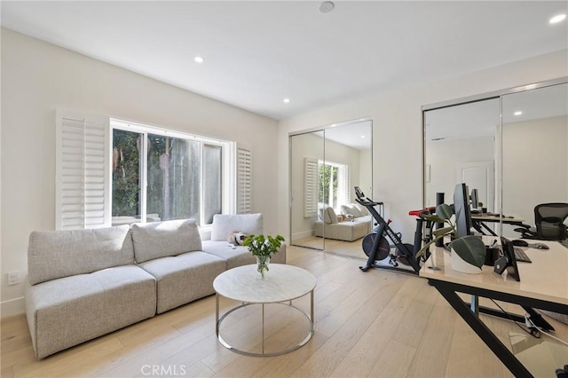 workout room with light hardwood / wood-style flooring