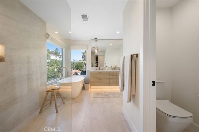 bathroom with vanity, a washtub, and toilet