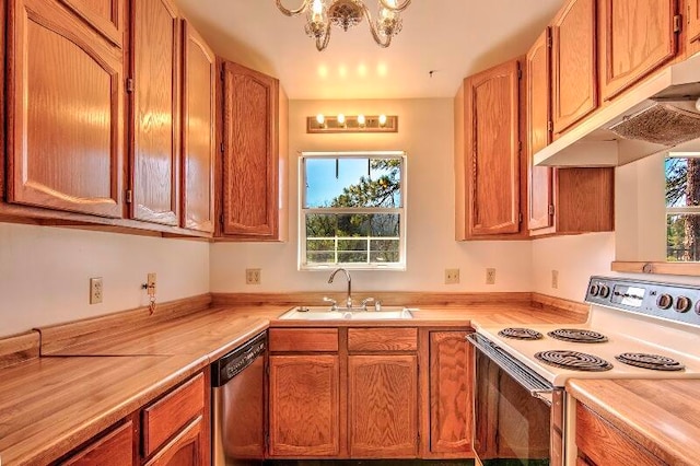 kitchen featuring sink, dishwasher, butcher block countertops, white electric range oven, and an inviting chandelier