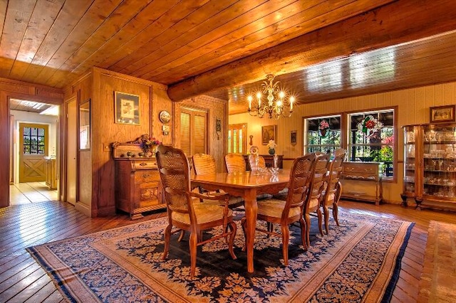 dining space with wood ceiling, light hardwood / wood-style flooring, and a wealth of natural light