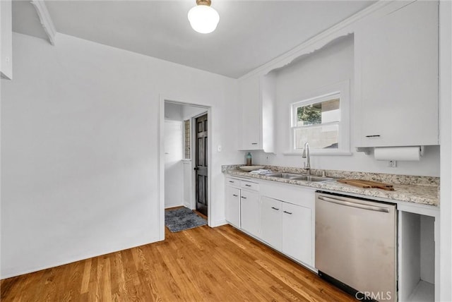 kitchen featuring light hardwood / wood-style floors, sink, white cabinets, and dishwasher