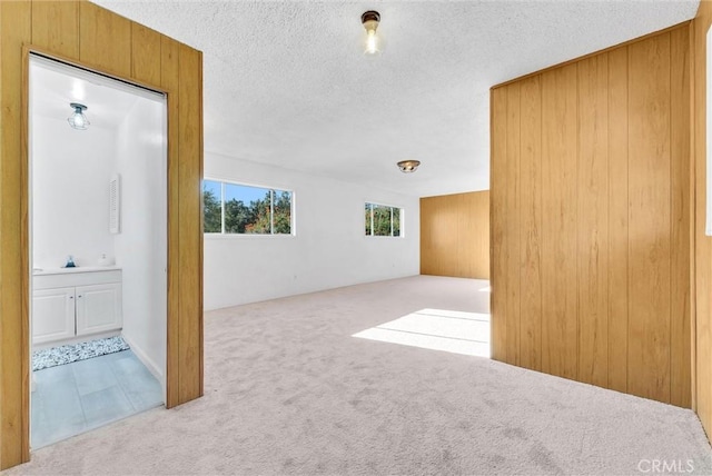 carpeted empty room with a textured ceiling and wooden walls