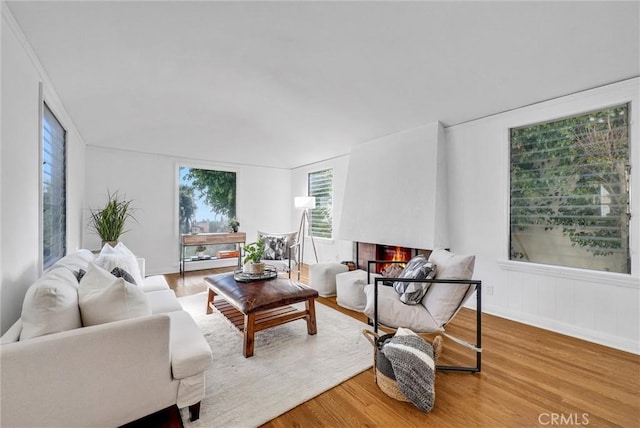 living room featuring a wealth of natural light, a fireplace, and hardwood / wood-style flooring