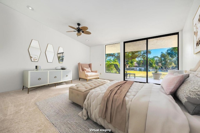 bedroom with access to exterior, light carpet, and ceiling fan