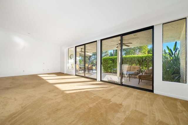 carpeted spare room featuring ceiling fan and floor to ceiling windows