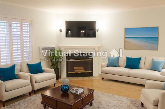 living room with wood-type flooring, ornamental molding, and an AC wall unit