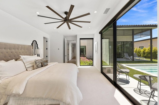 bedroom featuring access to outside, carpet, and ceiling fan