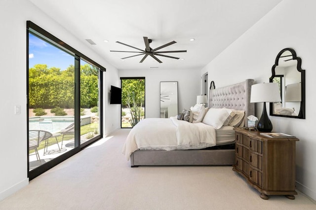 carpeted bedroom with access to exterior and ceiling fan