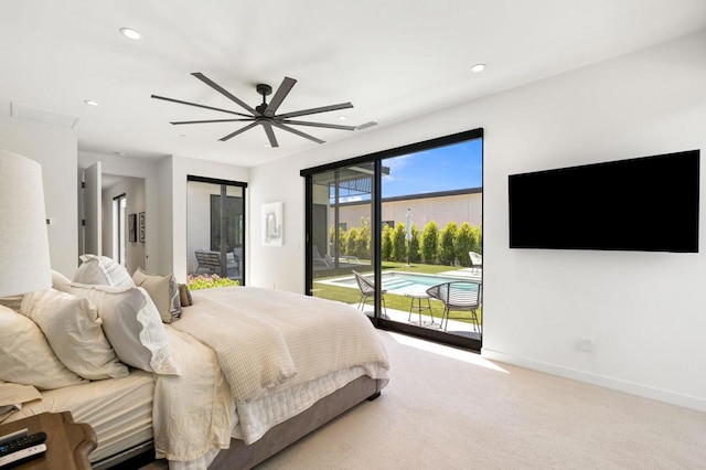 carpeted bedroom with access to outside and ceiling fan