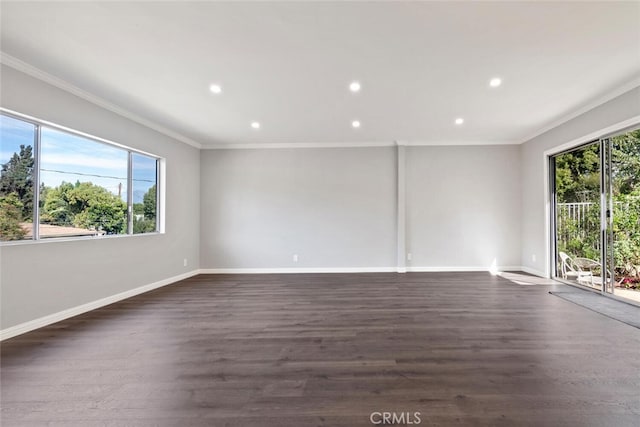 spare room with dark wood-type flooring and ornamental molding