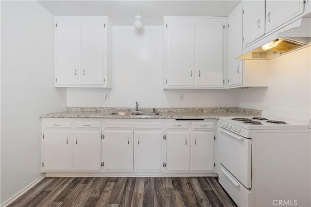 8421 Lindley Ave, Northridge, CA 91325 - kitchen with white electric range oven, exhaust hood, a sink, white cabinets, and dark wood-type flooring