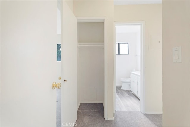 hallway featuring light colored carpet