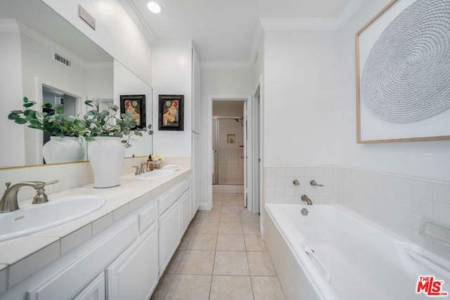 bathroom with tile patterned flooring, vanity, independent shower and bath, and ornamental molding