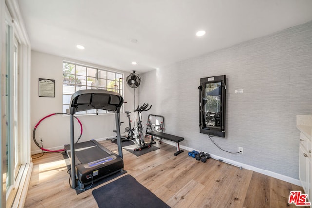 workout area featuring light hardwood / wood-style floors