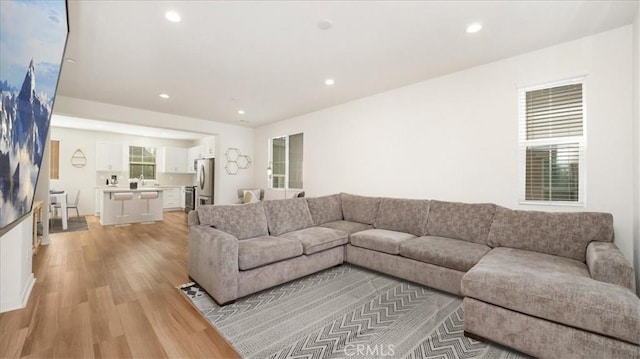 living room featuring plenty of natural light, light wood-type flooring, and sink