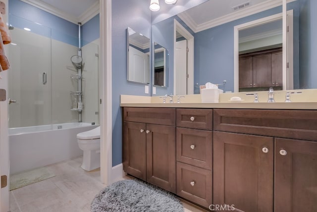 full bathroom featuring vanity, toilet, enclosed tub / shower combo, and crown molding