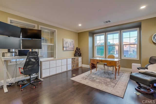 home office featuring dark hardwood / wood-style flooring and ornamental molding