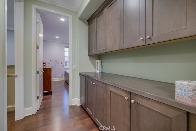 interior space featuring dark wood-type flooring and ornamental molding