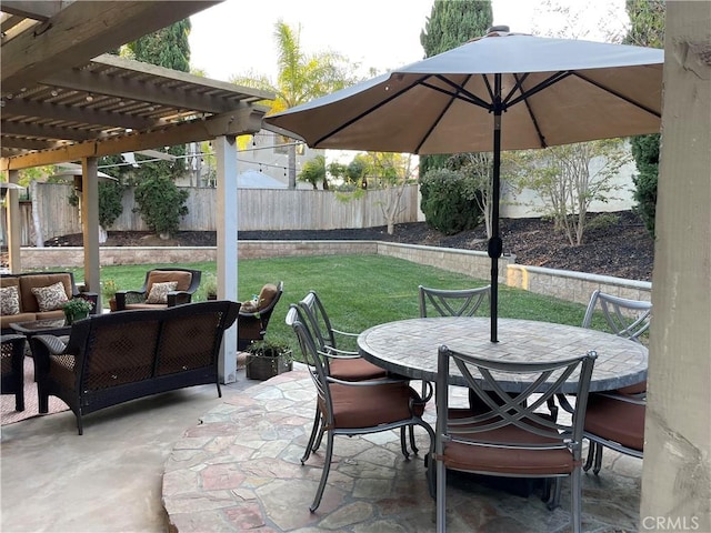 7 Corte Abertura, San Clemente, CA 92673 - fenced backyard with a pergola, outdoor dining area, an outdoor living space, and a patio area