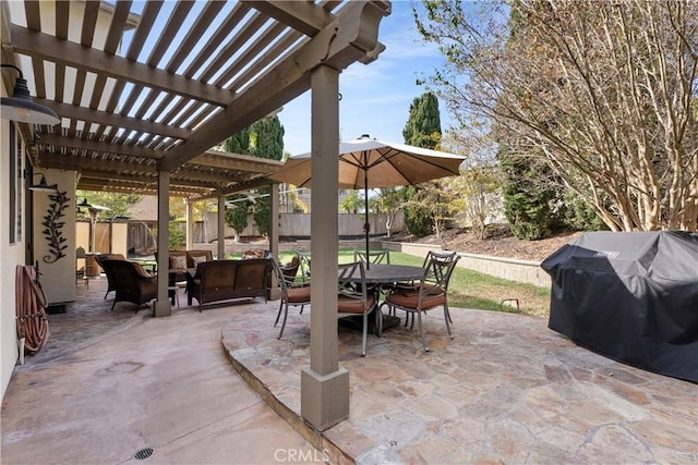 view of patio / terrace with a pergola, a grill, and an outdoor living space