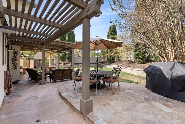 7 Corte Abertura, San Clemente, CA 92673 - fenced backyard with outdoor dining area, a pergola, a grill, and a patio area