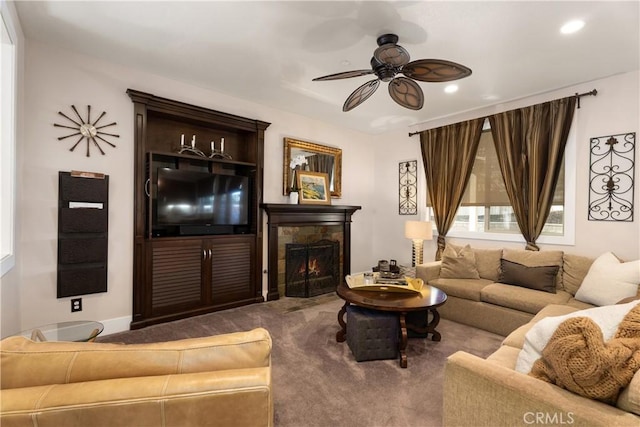 7 Corte Abertura, San Clemente, CA 92673 - living room featuring a ceiling fan, carpet, recessed lighting, and a lit fireplace