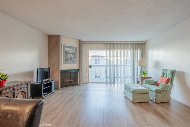 living area with a textured ceiling, light hardwood / wood-style floors, and a fireplace