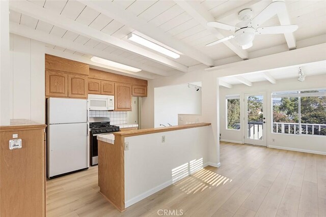 kitchen featuring kitchen peninsula, decorative backsplash, beam ceiling, light hardwood / wood-style flooring, and white appliances