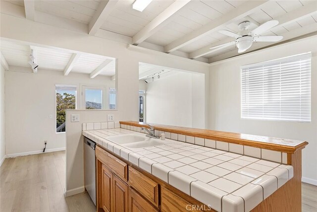 kitchen featuring light hardwood / wood-style flooring, dishwasher, sink, and tile counters