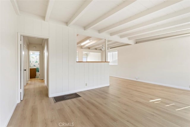 unfurnished living room featuring beam ceiling and light wood-type flooring