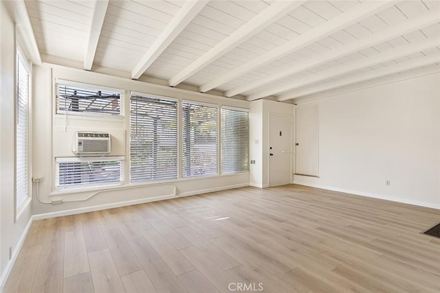 empty room featuring beam ceiling, wooden ceiling, and light wood-type flooring