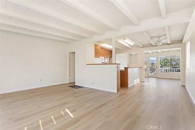 unfurnished living room featuring light hardwood / wood-style flooring, beamed ceiling, and ceiling fan