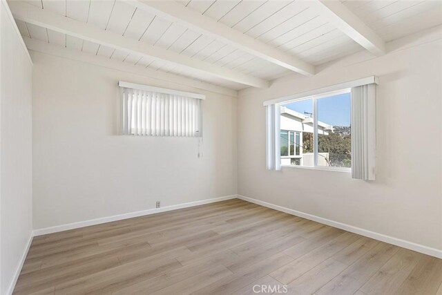 spare room featuring wood ceiling, beam ceiling, and light wood-type flooring