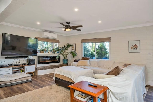 living room featuring a wall unit AC, dark hardwood / wood-style flooring, and plenty of natural light