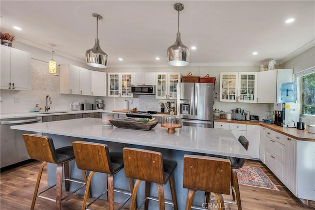 kitchen featuring white cabinetry, a large island, sink, and stainless steel appliances