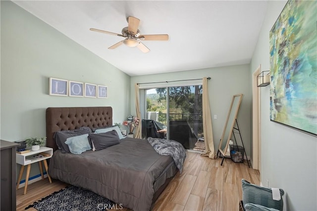 bedroom with ceiling fan, vaulted ceiling, access to outside, and light hardwood / wood-style flooring