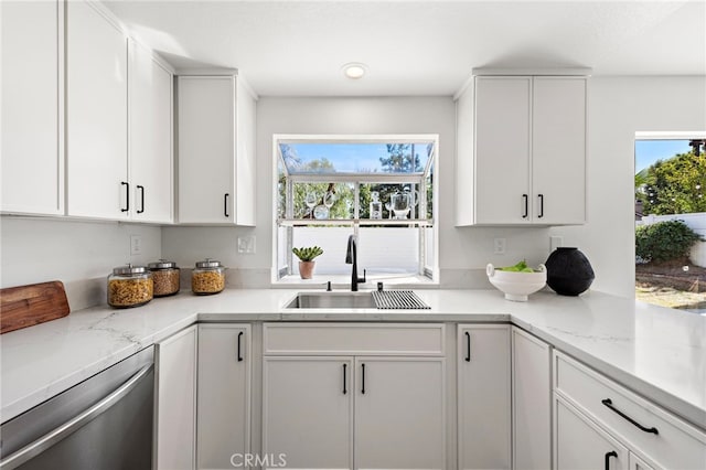 kitchen featuring sink, white cabinetry, stainless steel dishwasher, and a wealth of natural light