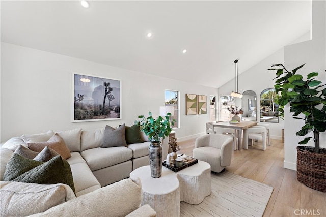 living room featuring light wood-type flooring and vaulted ceiling