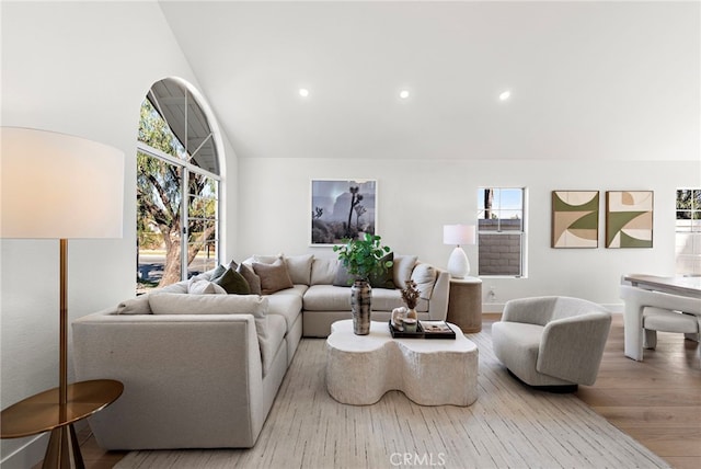 living room with light wood-type flooring and lofted ceiling