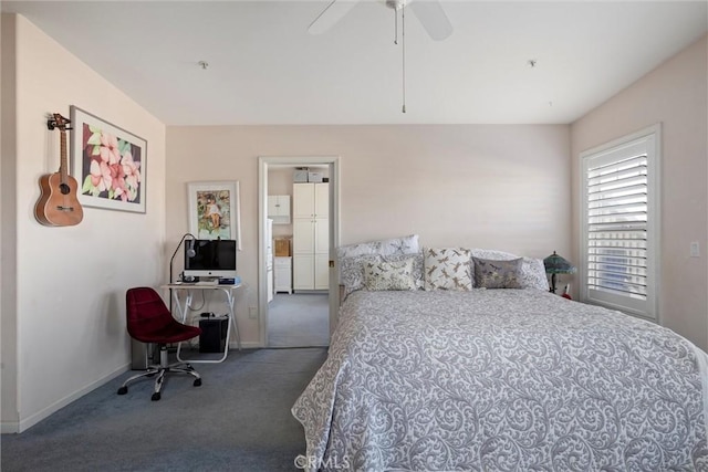 carpeted bedroom with ceiling fan