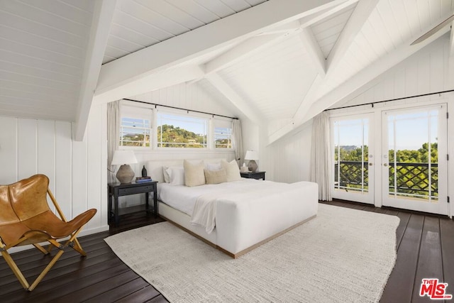 bedroom with access to exterior, vaulted ceiling with beams, and dark wood-type flooring