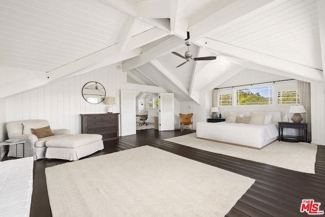 bedroom with vaulted ceiling with beams, ceiling fan, wooden walls, and dark wood-type flooring