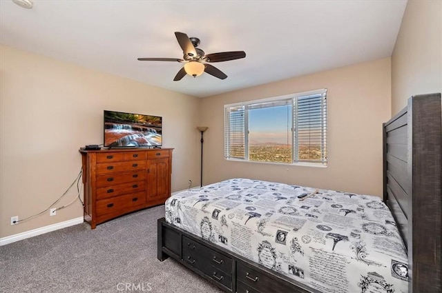 bedroom with light colored carpet and ceiling fan