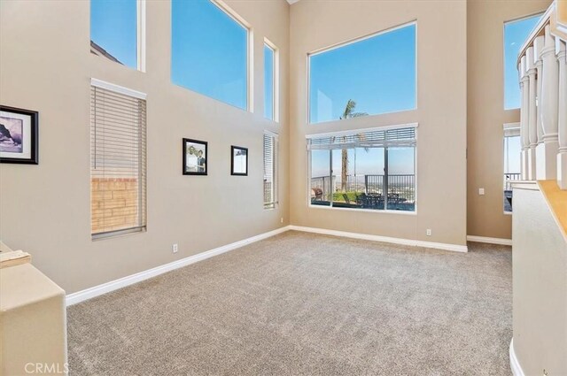 carpeted empty room with a high ceiling