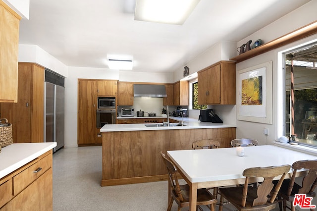 kitchen with kitchen peninsula, sink, wall chimney range hood, and appliances with stainless steel finishes