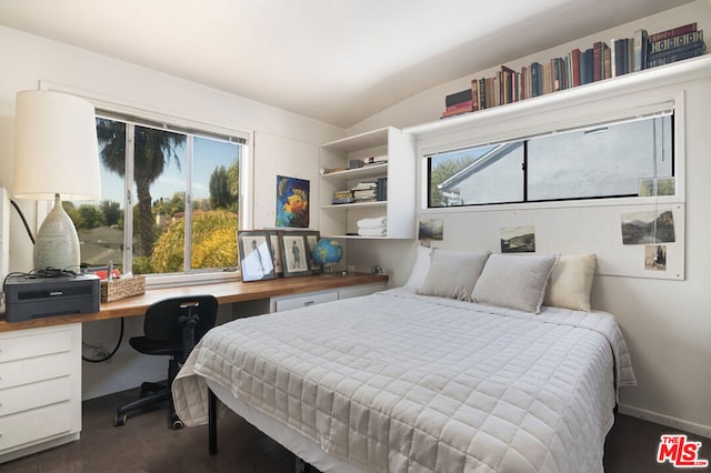 bedroom featuring dark hardwood / wood-style flooring, vaulted ceiling, and multiple windows