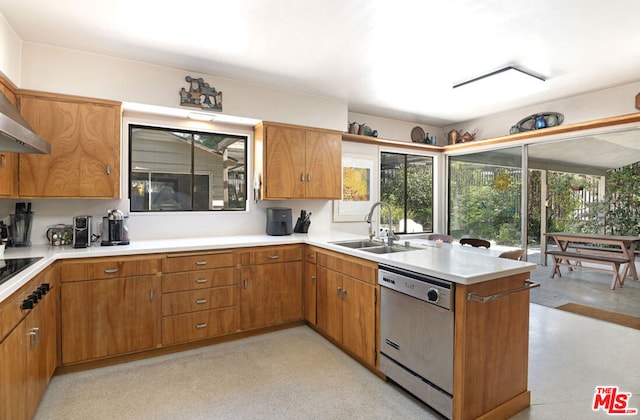 kitchen with black electric stovetop, dishwasher, wall chimney exhaust hood, and sink