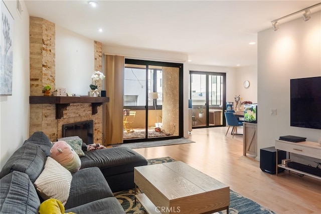 living room featuring a stone fireplace and light wood-type flooring