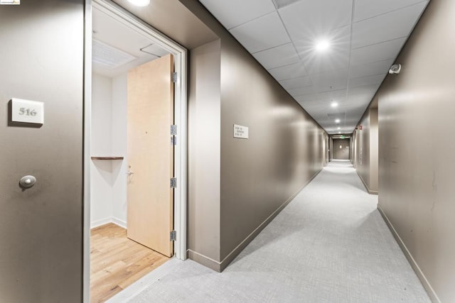 hall with light wood-type flooring and a paneled ceiling