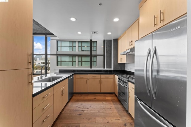 kitchen featuring sink, light brown cabinets, stainless steel appliances, and hardwood / wood-style flooring